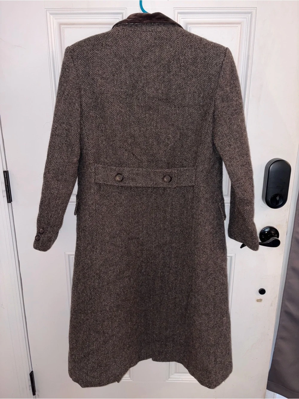 Brown Herringbone Wool Pea Coat with Velvet Collar